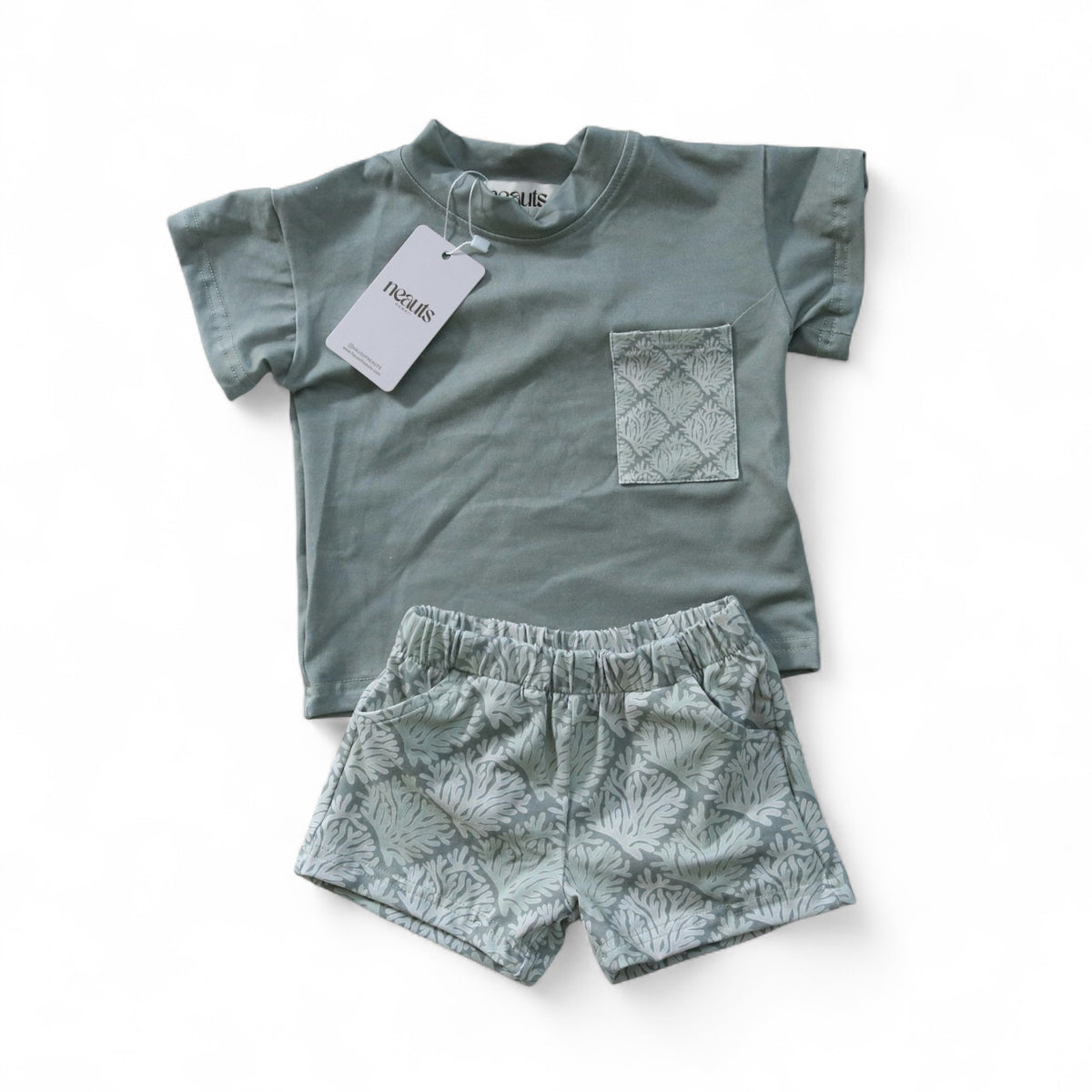 Keiki Set (T-Shirt): Coral Checkered in Seafoam Green
