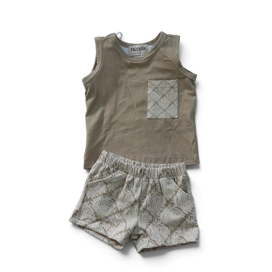 Keiki Set (Tank): Coral Checkered in Khaki